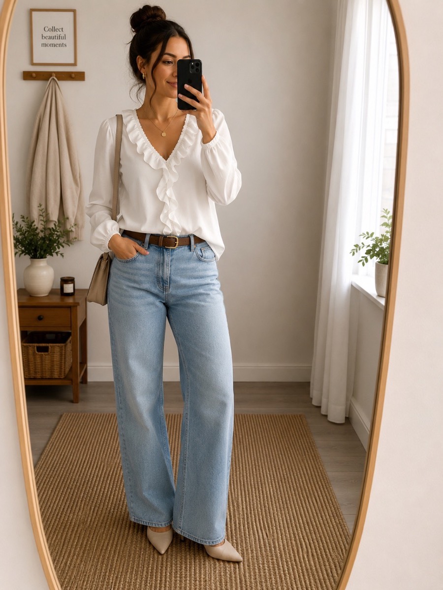 White Ruffle V-Neck Long Sleeve Blouse Top Size M Elegant Smart Casual