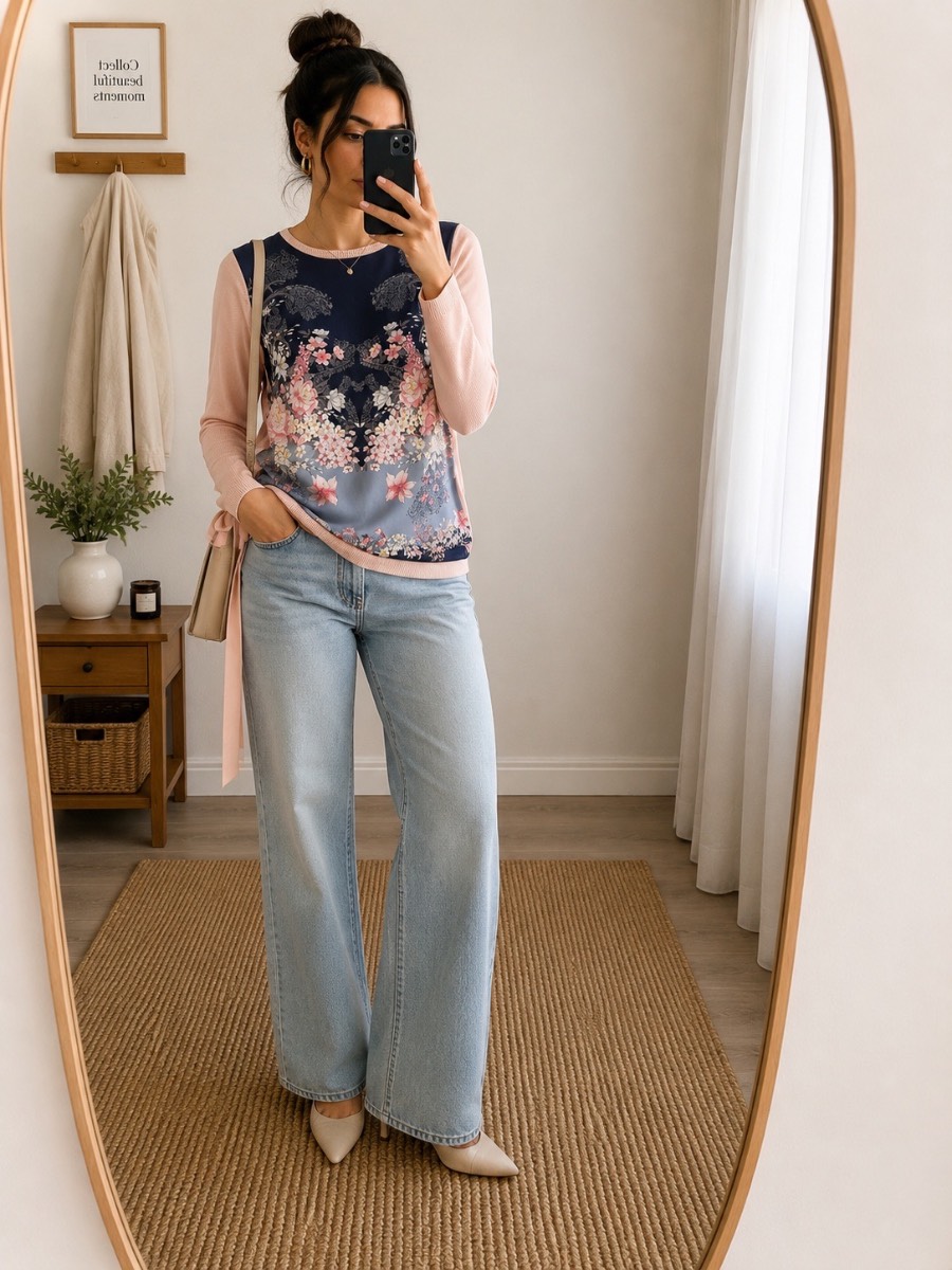 Oasis Floral Tie Side Jumper Pink Navy Long Sleeve Knit Top Size M UK 12