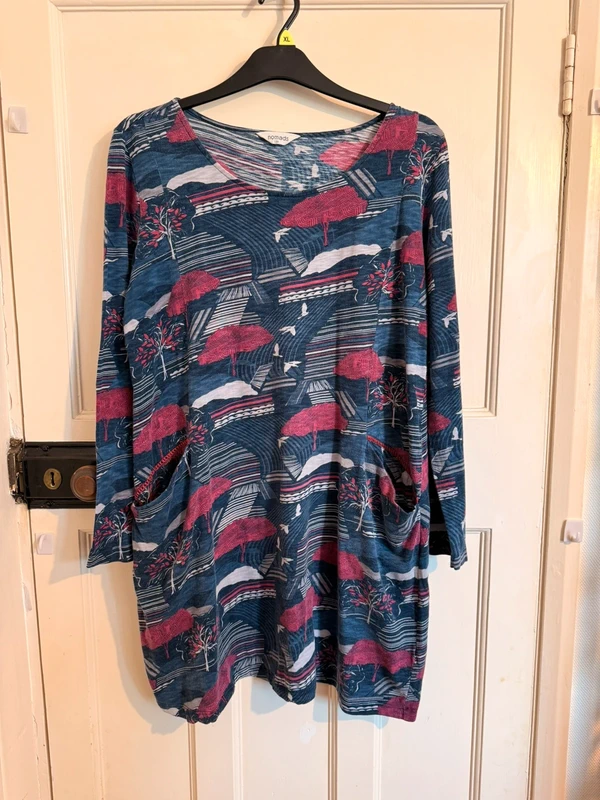 Nomads Smock Dress Blue Stretchy Pockets Long Sleeve Size 16