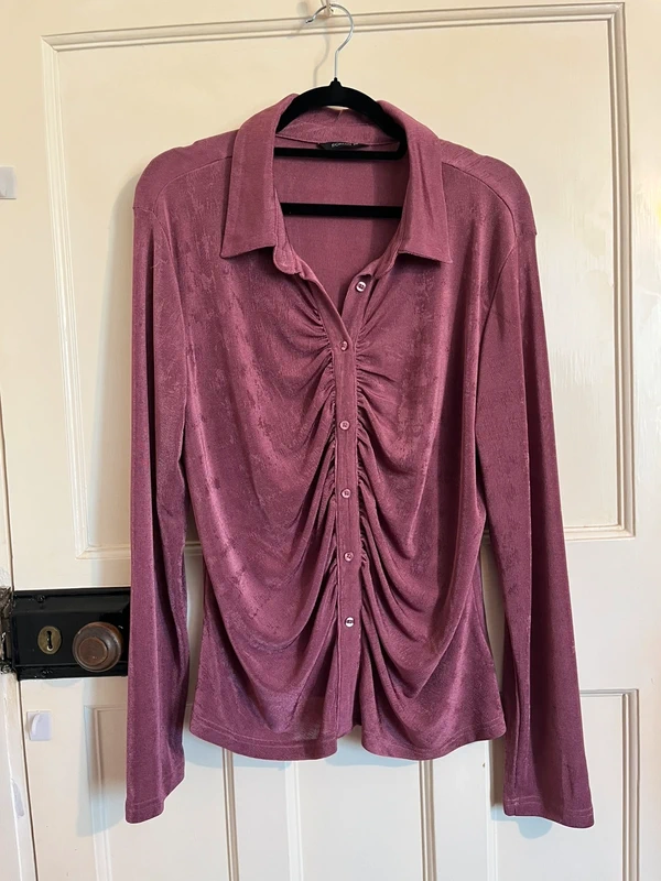 Roman Blouse Shirt Top Pink/Purple Shimmer Ruffles Front Size 20