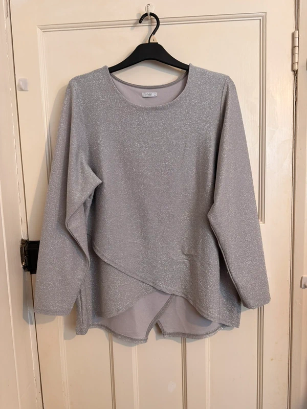 Cotton Traders Top Wrap Effect Silver Long Sleeve Size 20