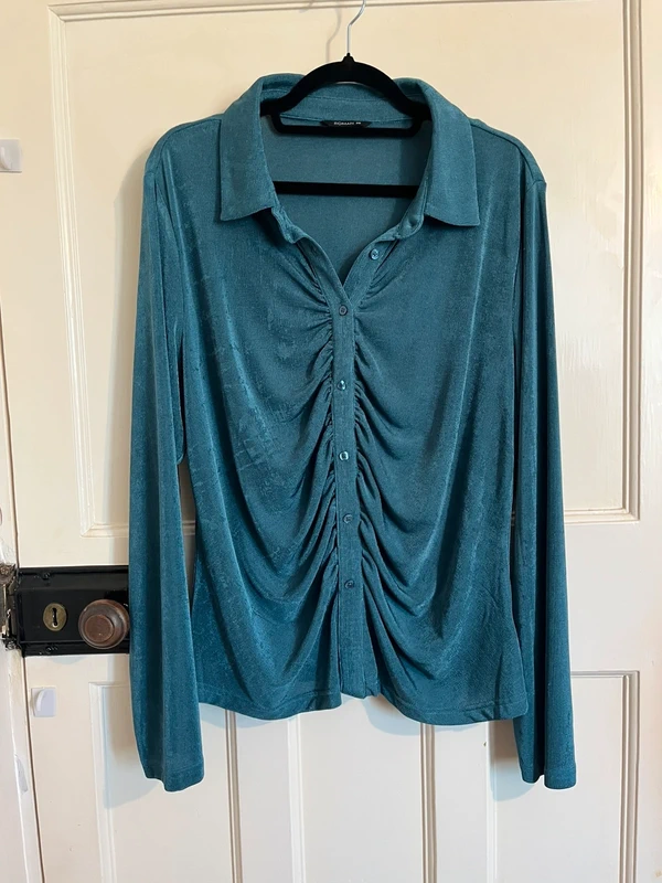 Roman Blouse Shirt Top Blue/Green Shimmer Ruffles Front Size 20