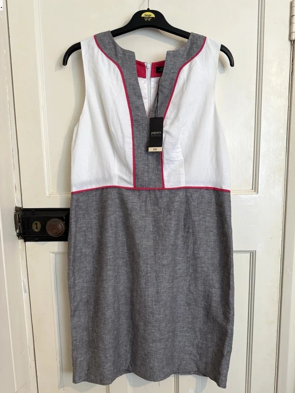 Papaya Panel Dress White Grey Linen Mix Sleeveless Lined Knee Length Size 18