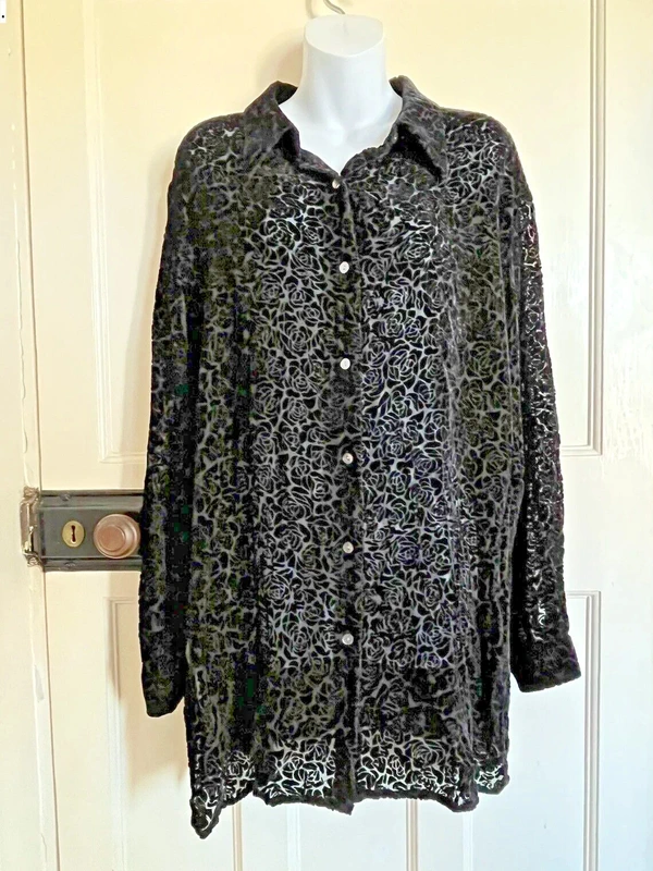 Liz Claiborne Overshirt Sheer Black Floral Size XL Bust 50"