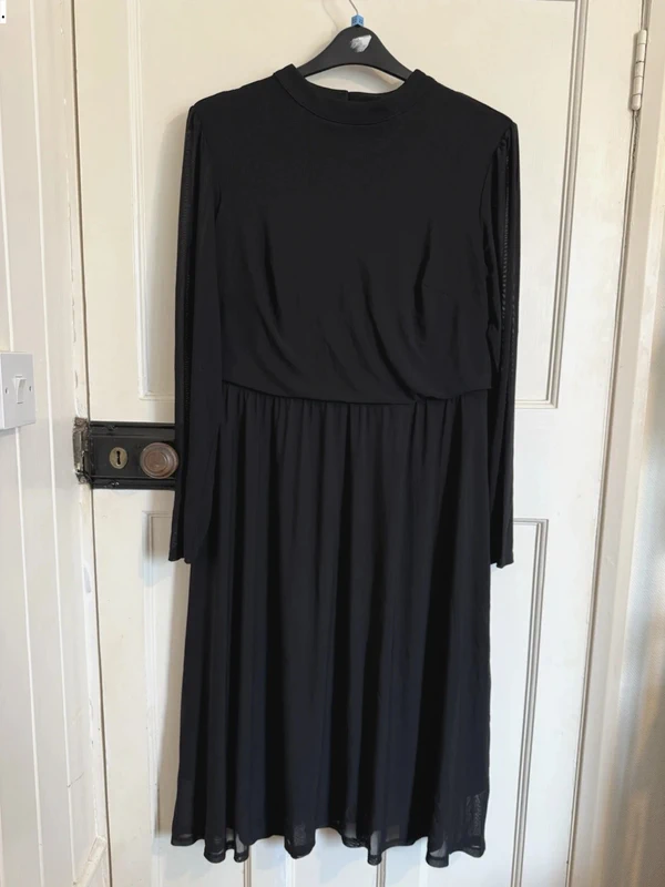 Cotton Traders Dress Black Layered Sheer Overlay Long Sleeve Size 20