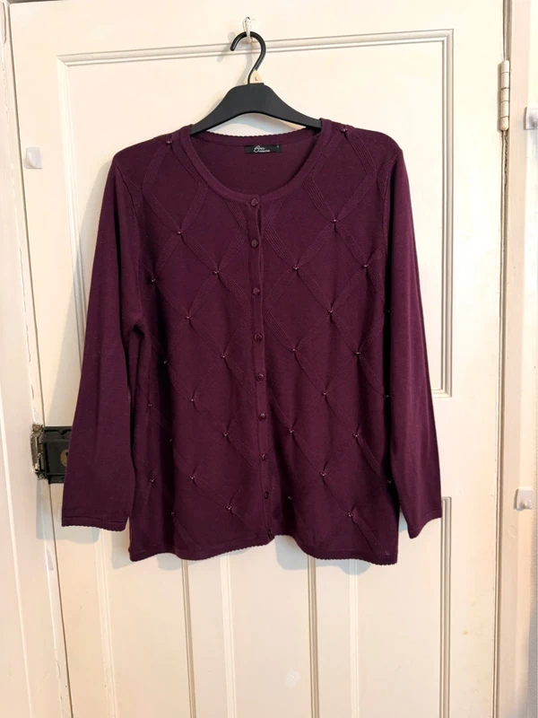 BM Collection Cardigan Burgundy Button Front Beaded Size L