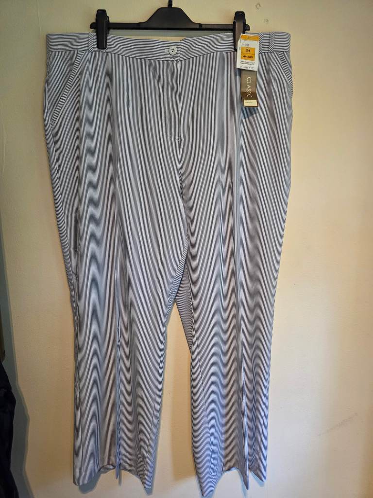BNWT Marks & Spencer pale blue pinstripe lightweight trousers size 24