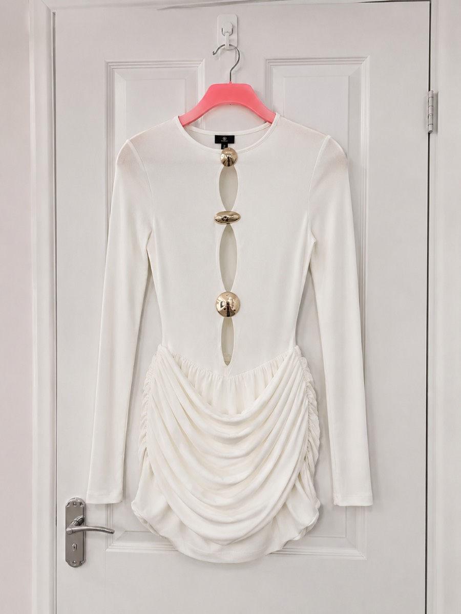 🤍 Elegant White Ruched Mini Dress with Gold Detail ✨