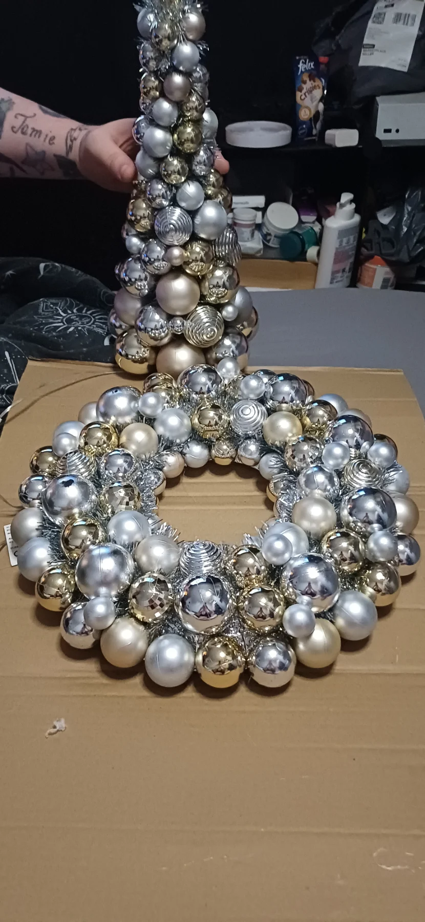 Pre-Lit Bauble Christmas Decor Set - Wreath & Tabletop Tree - Silver & Gold (NIB)