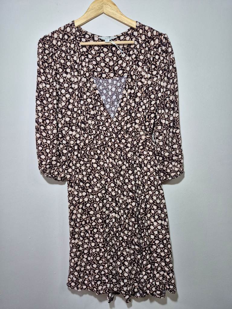M&S brown floral v-neck wrap over dress size 12