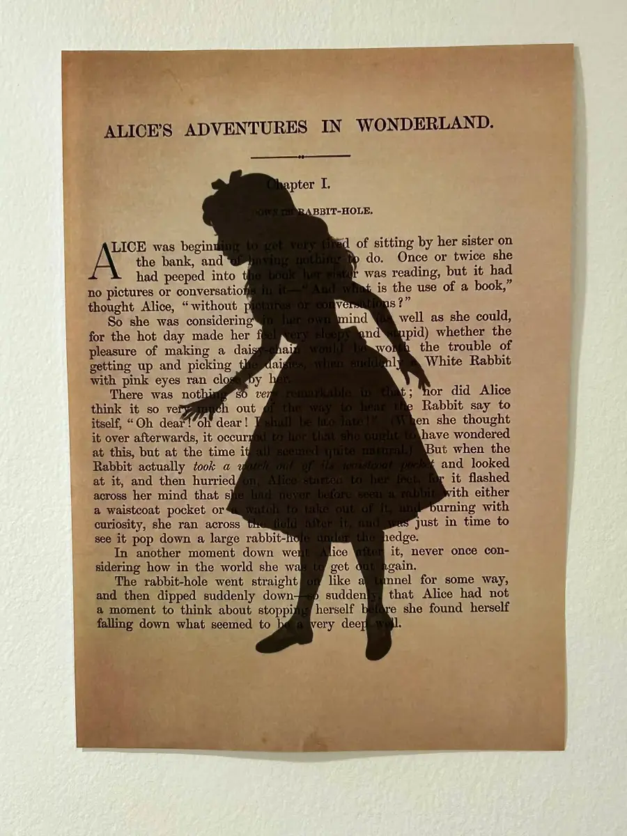 Alice in Wonderland Silhouette Book Page Print – A4 Unframed Literary Wall Art Vintage Book Page