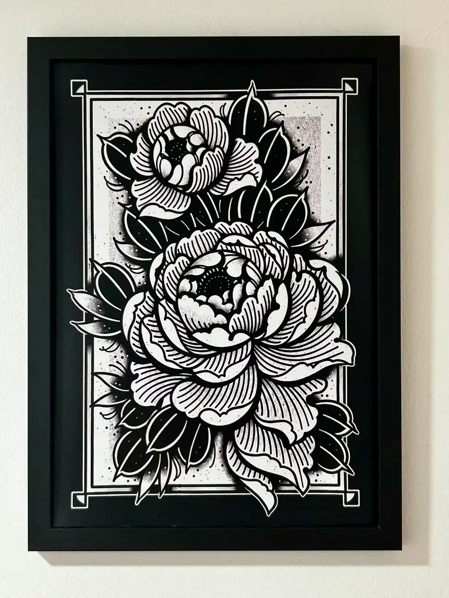 Traditional Peony Tattoo Print – A4 Unframed Black & Grey Floral Wall Art | Neo Traditional | Gothic
