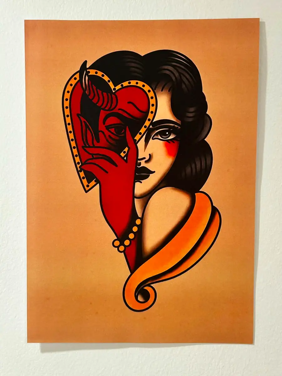 Devil Girl Heart Print – A4 Unframed Neo Traditional Tattoo Style Wall Art | Gothic Pin-Up | Alterna