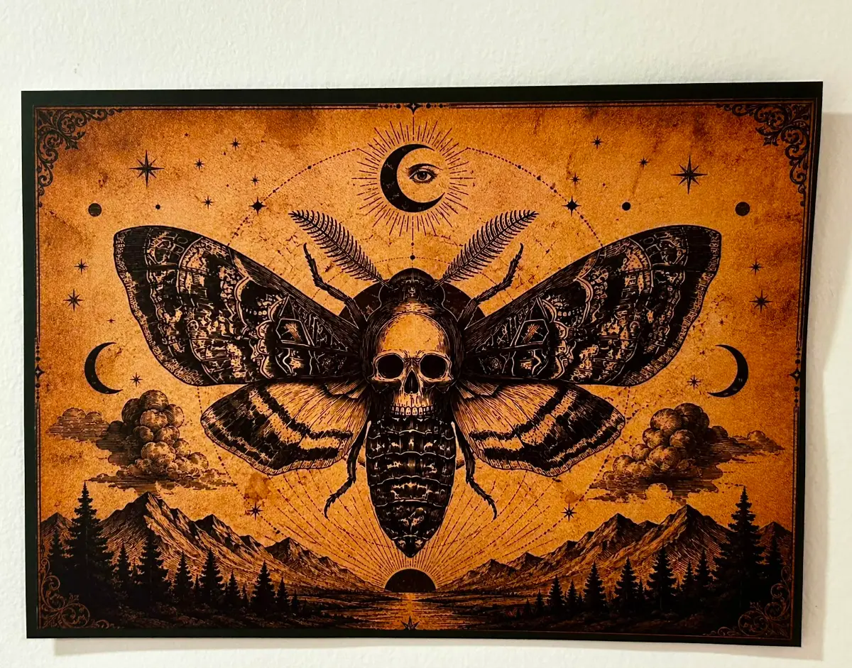 Death's-Head Moth Skull Print – A4 Unframed Gothic Wall Art | Dark Academia | Occult | Vintage Entom