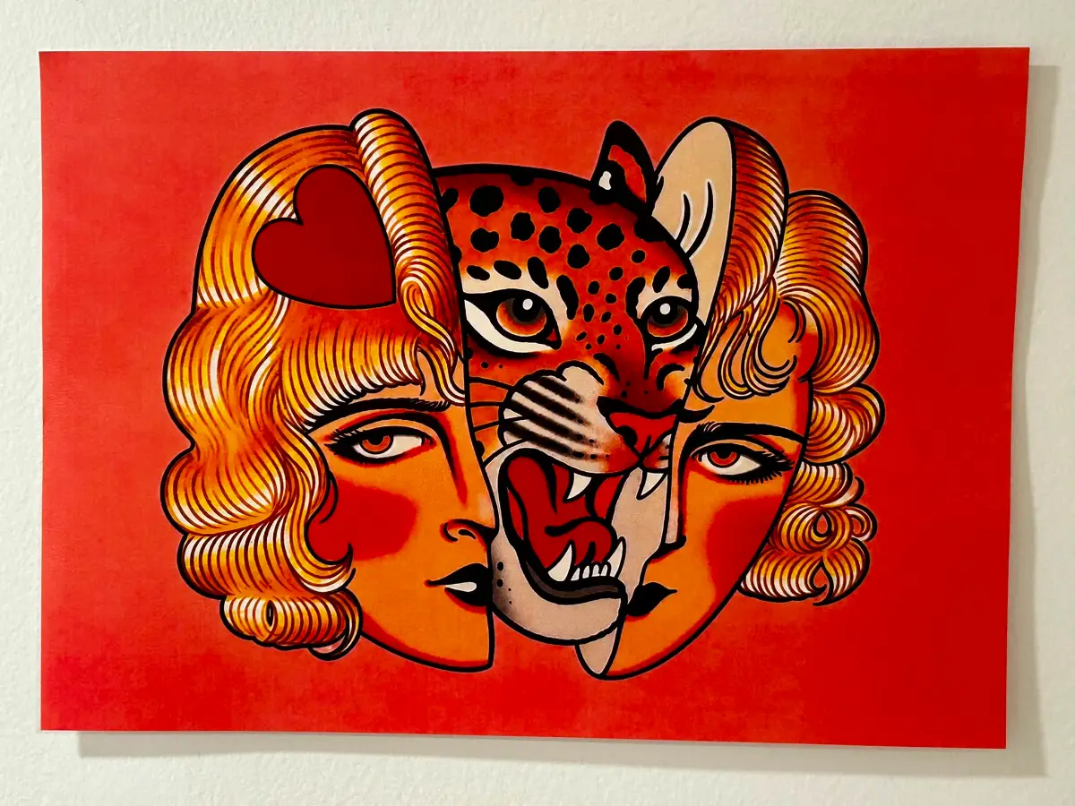 Split Face Leopard & Pin-Up Girl Print – A4 Unframed Neo Traditional Tattoo Style Wall Art