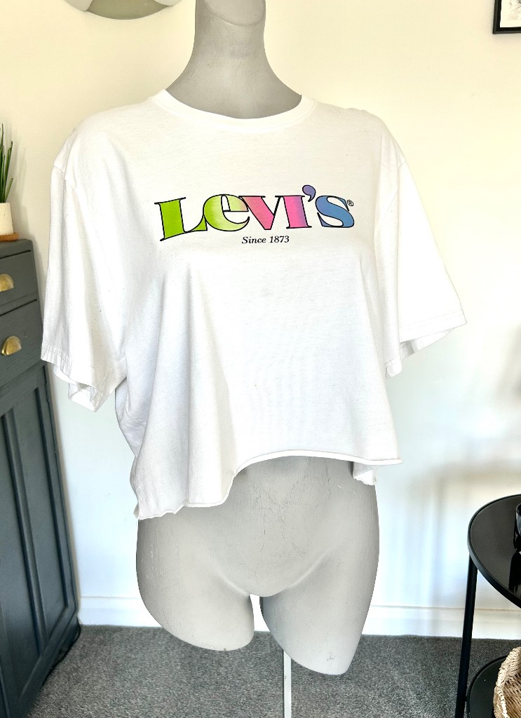 Levi’s Women’s Relaxed Fit Cropped T Shirt Size Large White Rainbow Logo Gym Top