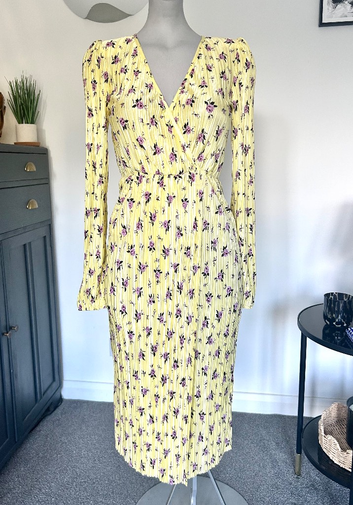 New Look Yellow Floral Pleated Midi Dress UK 10 Long Sleeve Wrap Style Spring Summer