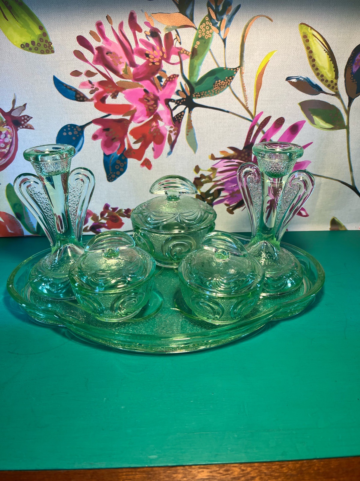 Vintage Bagley Rutland Green Glass Art Deco Dressing Table Set