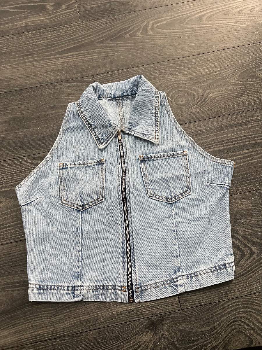 Brand New Light Wash Denim Zip Front Sleeveless Crop Vest Top Size L