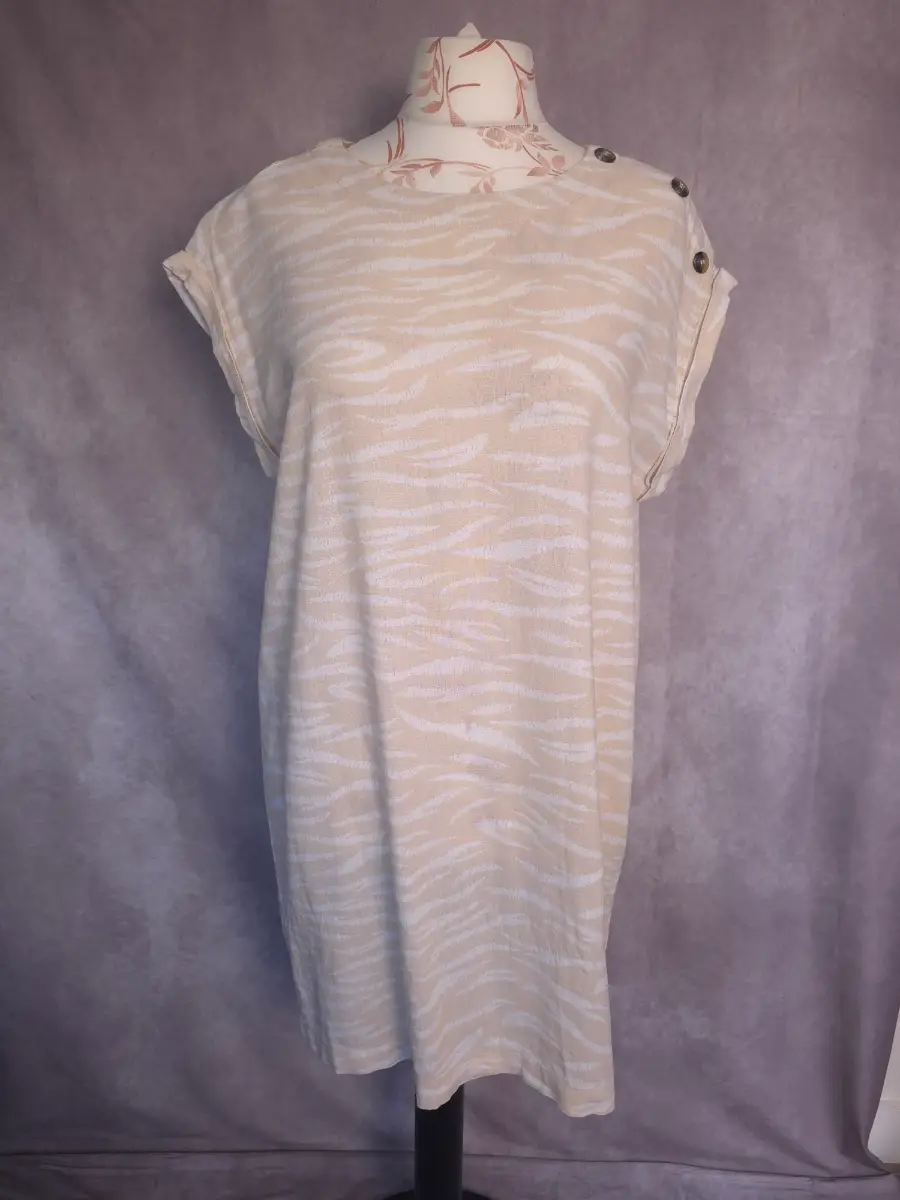 Cream Zebra Print Shift Dress UK 16 Casual Linen Blend Safari Summer Peacocks