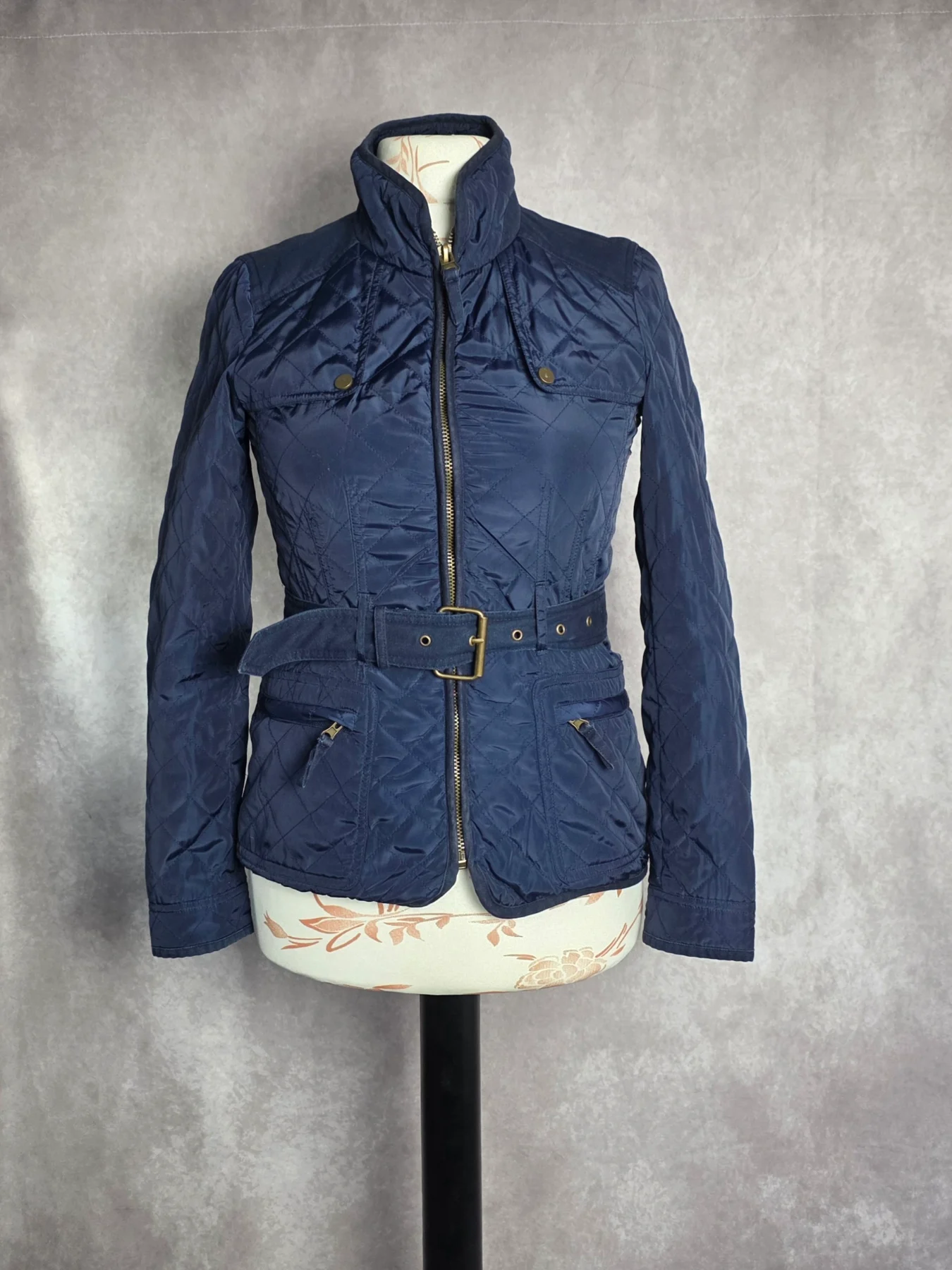 Zara Basic Navy Quilted Belted Jacket Women’s Size EU M – Padded Utility Coat