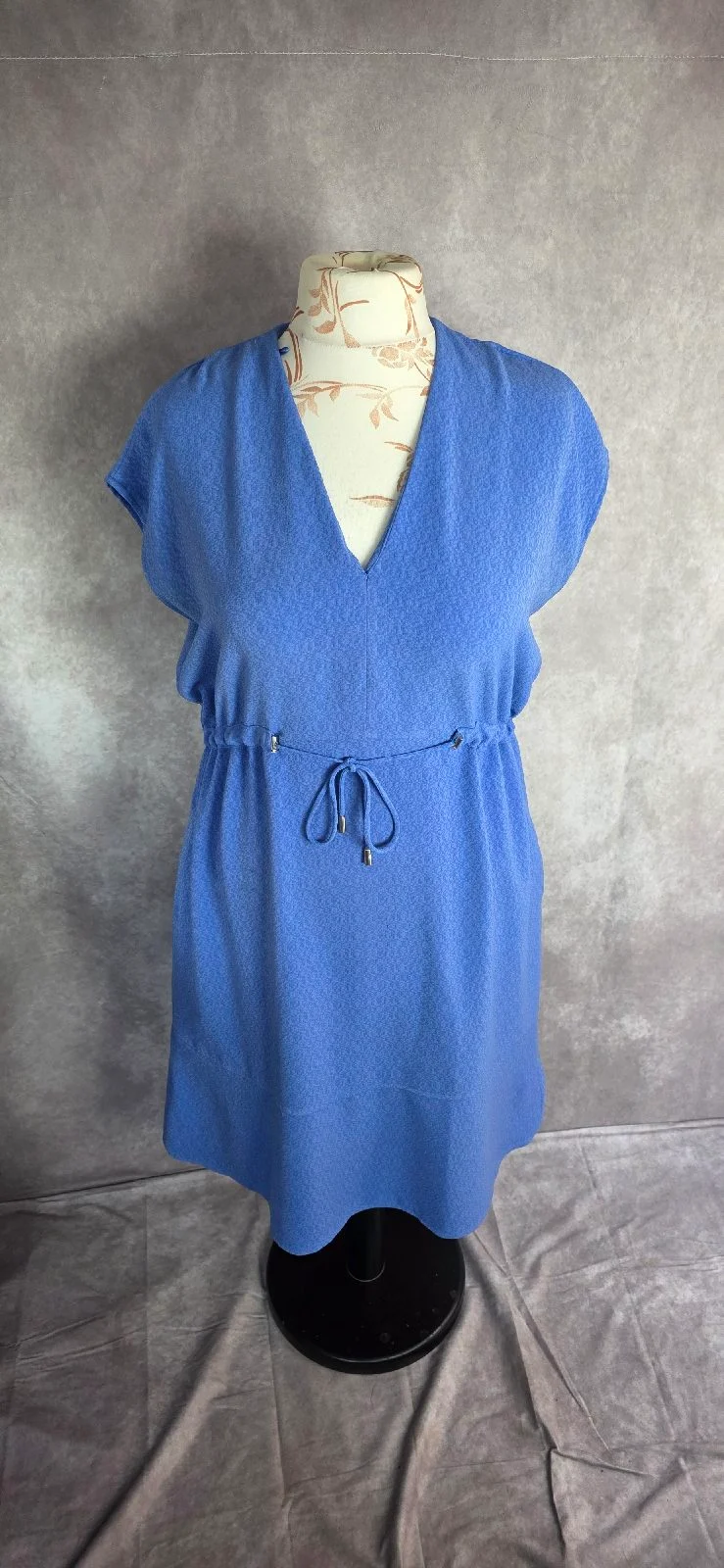 Next Tailoring Cobalt Blue Textured V-Neck Tie Waist Mini Dress UK 16