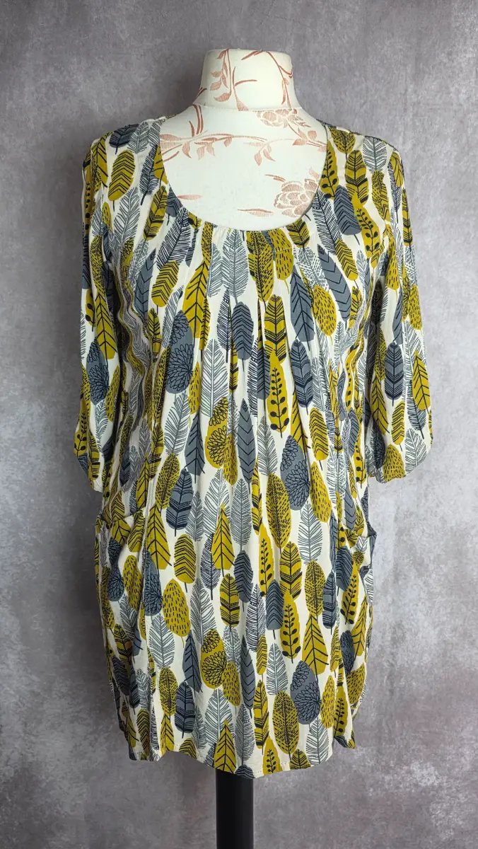 Cream Tunic Dress UK 10 Boho Casual Leaf Print 100% Viscose Summer Weird Fish