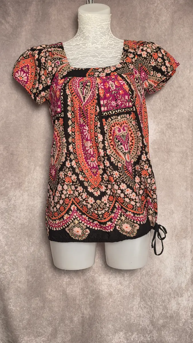Black Paisley Tunic Top UK 8 Boho Cotton Puff Sleeve Festival Y2K Summer Next