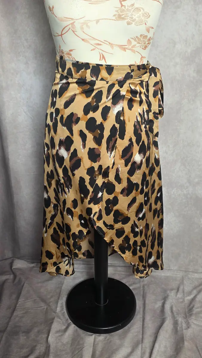 Brown Leopard Print Wrap Midi Skirt UK 10 Satin Animal Party Holiday Summer Boohoo