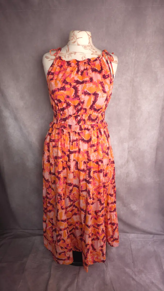 Orange Midi Dress UK 10 Boho Holiday 100% Cotton Tie Strap Summer Beach Oliver Bonas