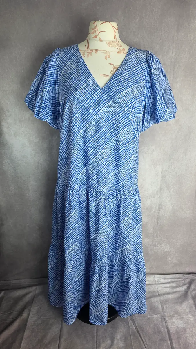 Blue Gingham Tiered Midi Dress UK 16 Cottagecore Picnic 100% Cotton Puff Sleeve Summer M&S BNWT