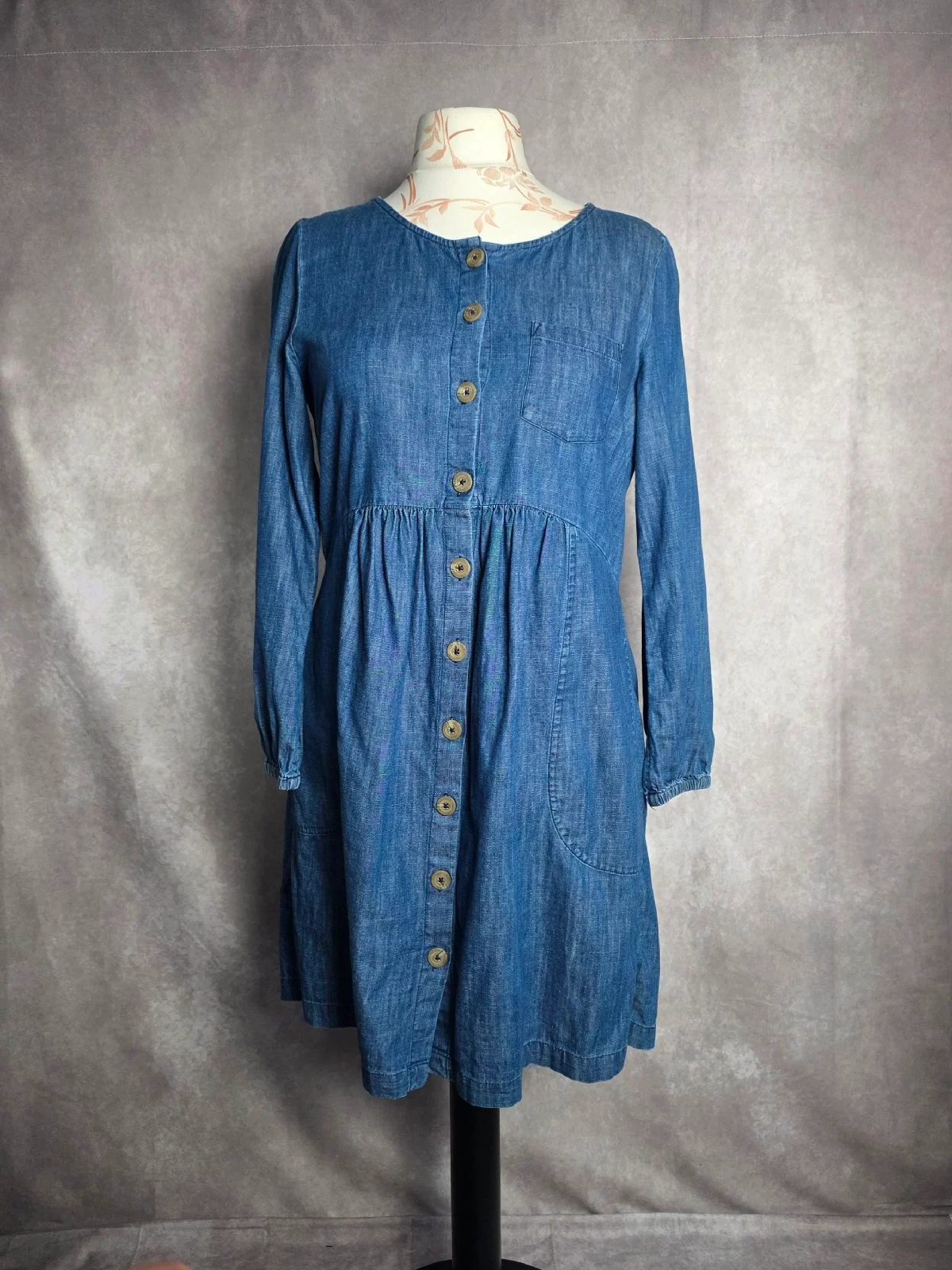 FatFace Blue 100% Cotton Denim Chambray Dress Size 14 Long Sleeve Button Front