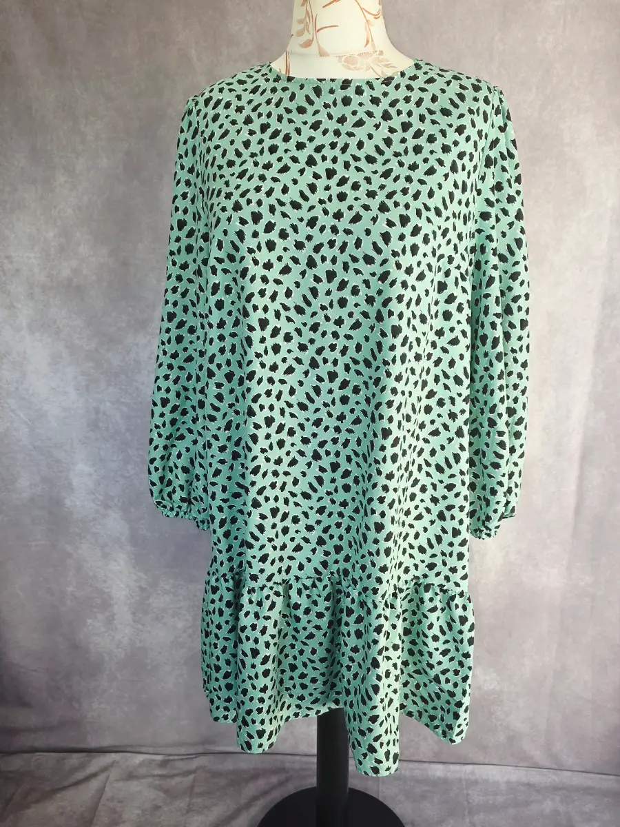Mint Green Smock Dress UK 18 Animal Print Tiered Casual Long Sleeve Mini Spring Summer TU Woman