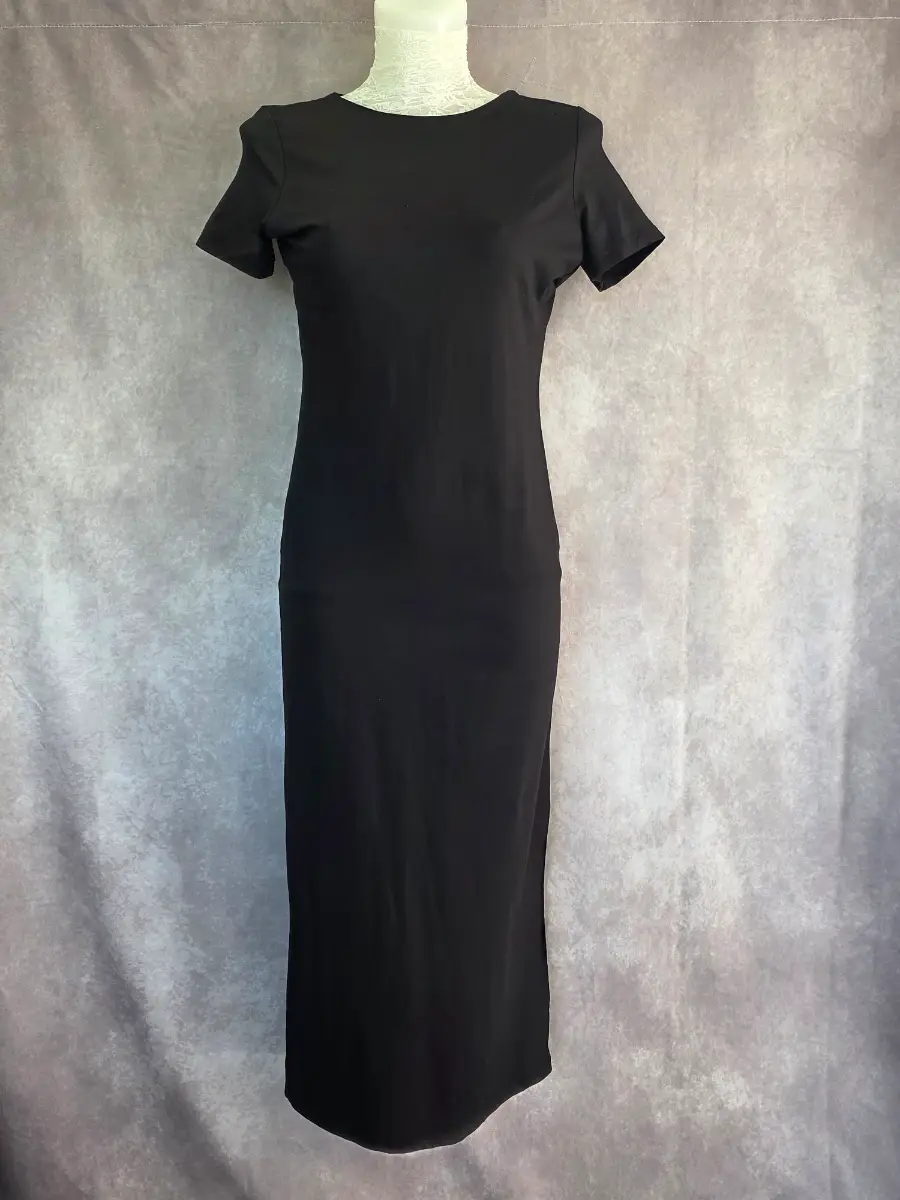 Black Maxi Dress UK 8-10 Bodycon Minimalist Stretch Casual Short Sleeve F&F