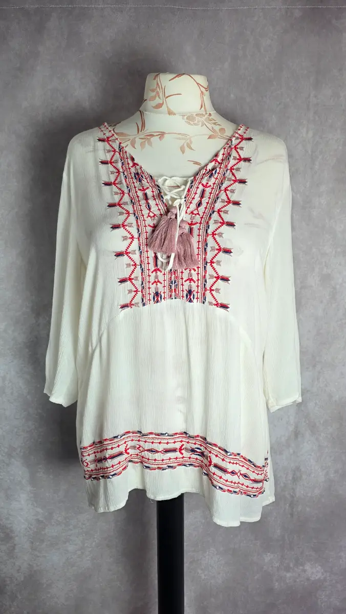 Cream Boho Blouse UK 14 Embroidered Tassel Festival Peasant 100% Viscose Summer Joe Browns