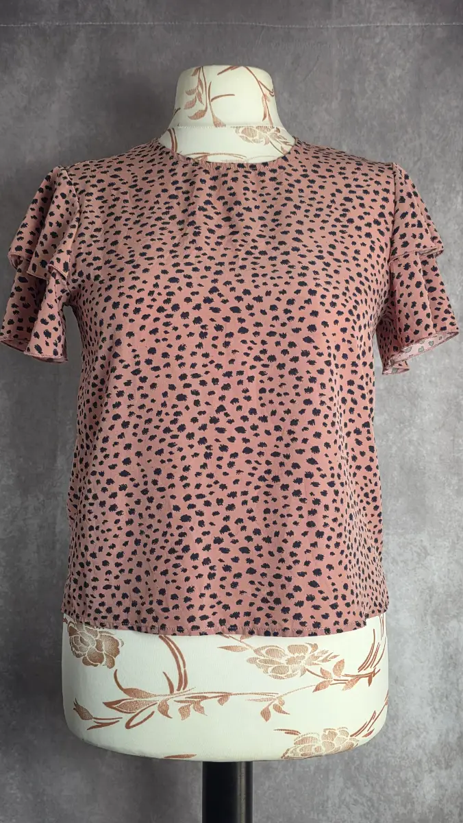 Pink Leopard Print Blouse Top UK 10 Medium Casual Ruffle Sleeve Summer SHEIN