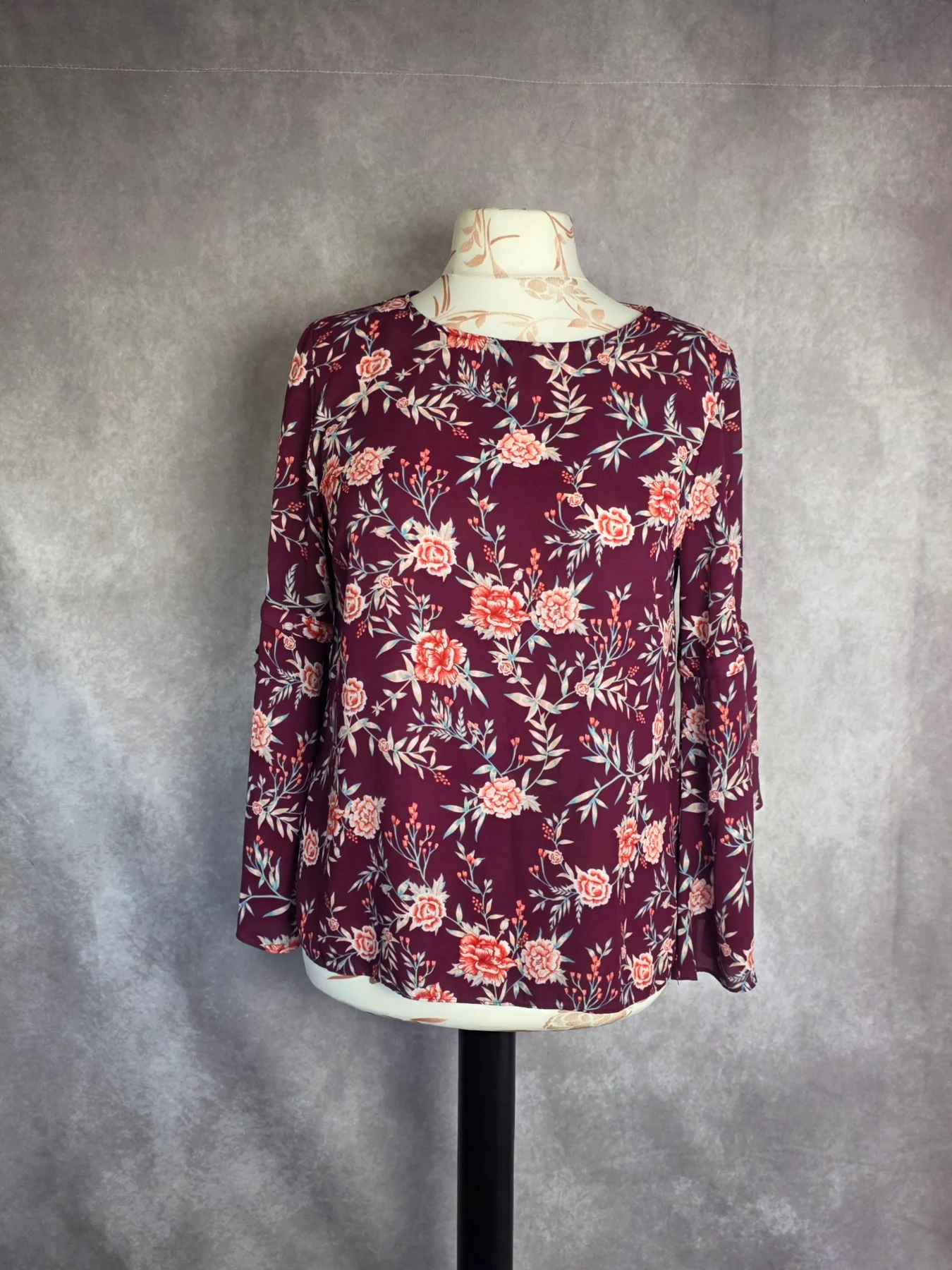 Peacocks Burgundy Floral Blouse UK 14 – Long Sleeve Tie Cuff Top