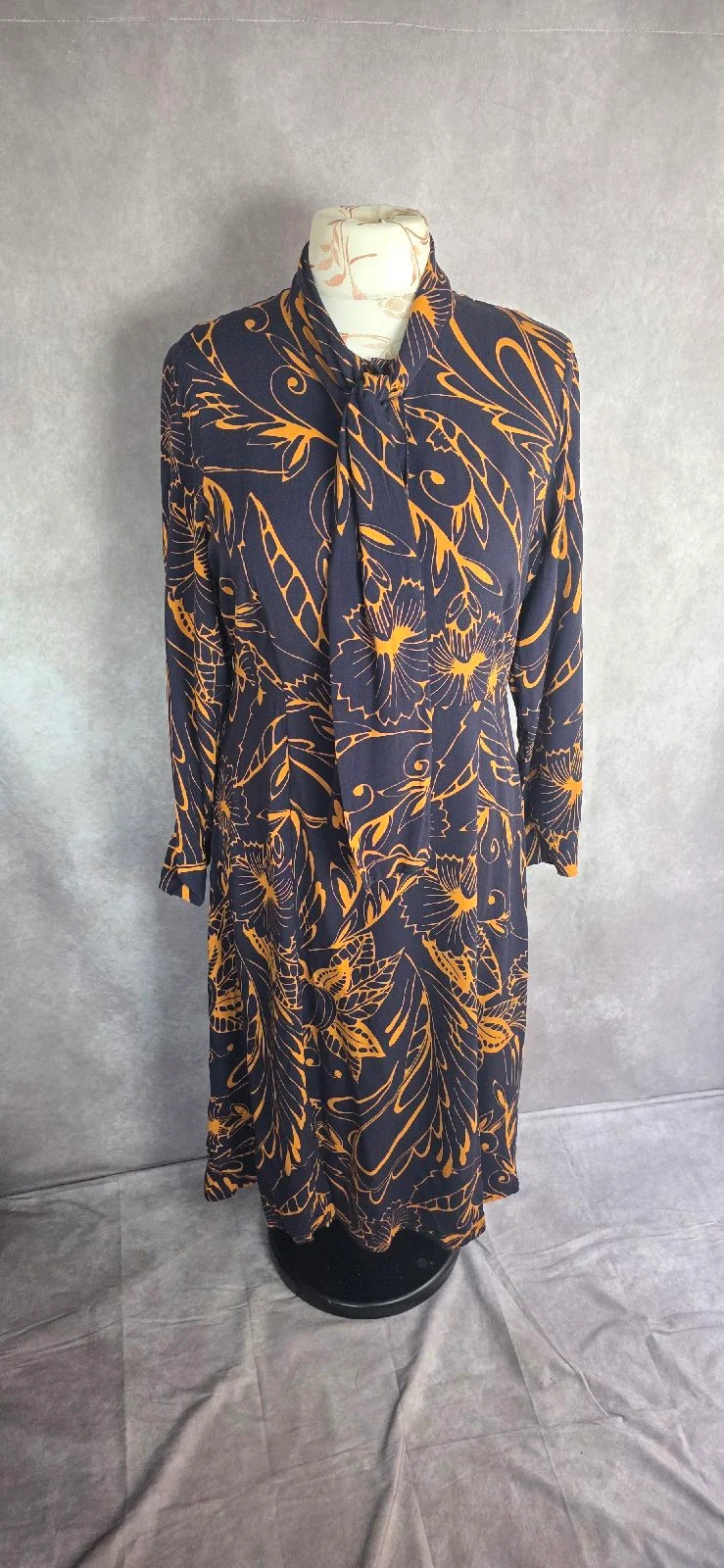 M&S Collection Navy Orange Floral Tie Neck Midi Dress UK 14 Regular 100% Viscose