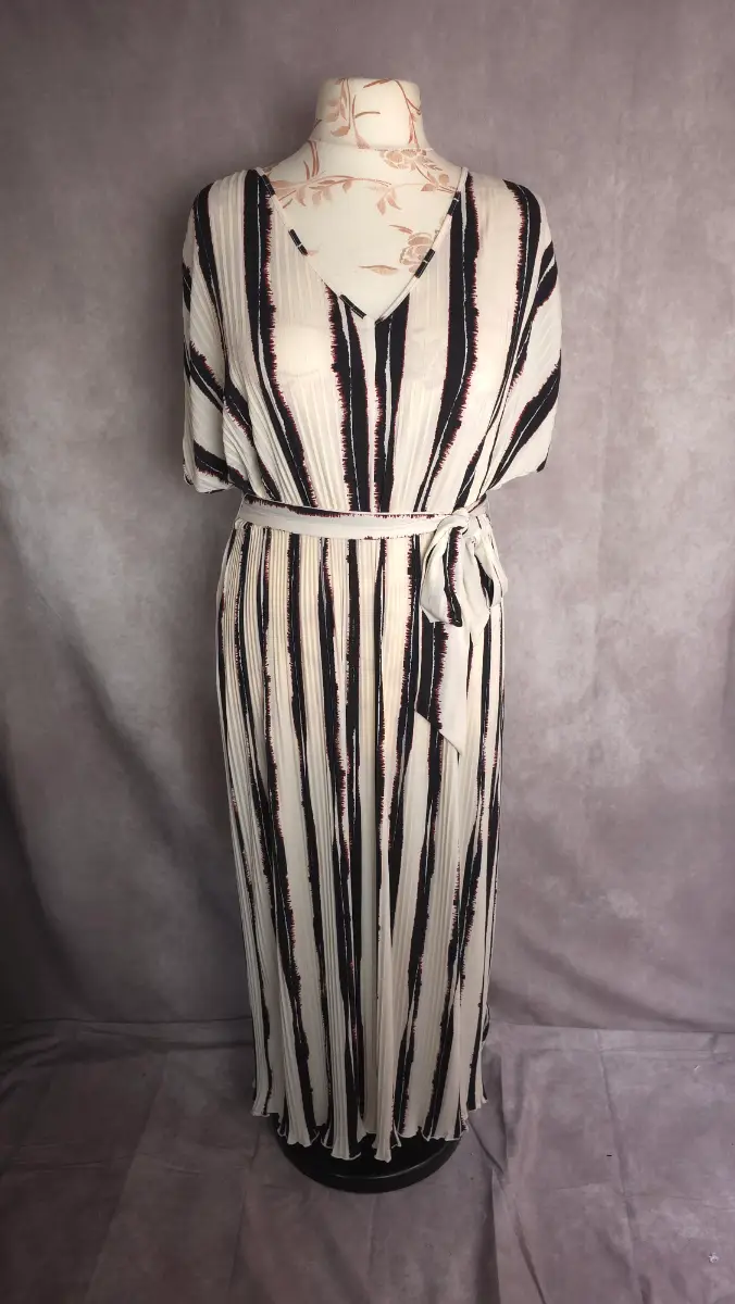Ivory Pleated Midi Dress UK 14 Smart Casual Tie Waist Stripe Summer Principles BNWT