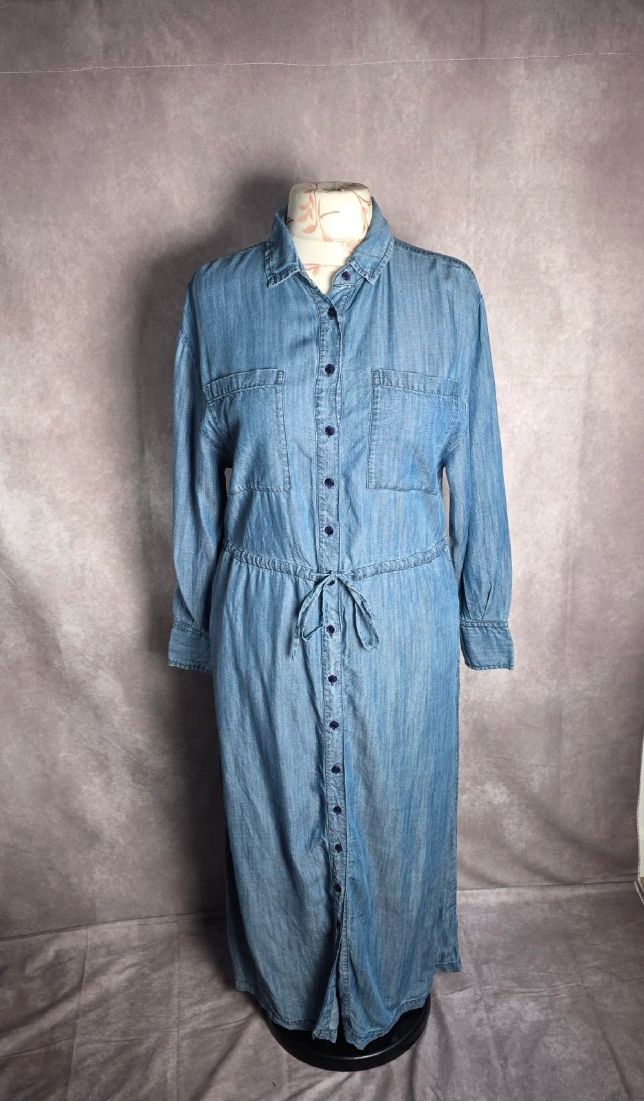 HUSH Blue Lyocell Shirt Dress UK 10 Long Sleeve Tie Waist Midi