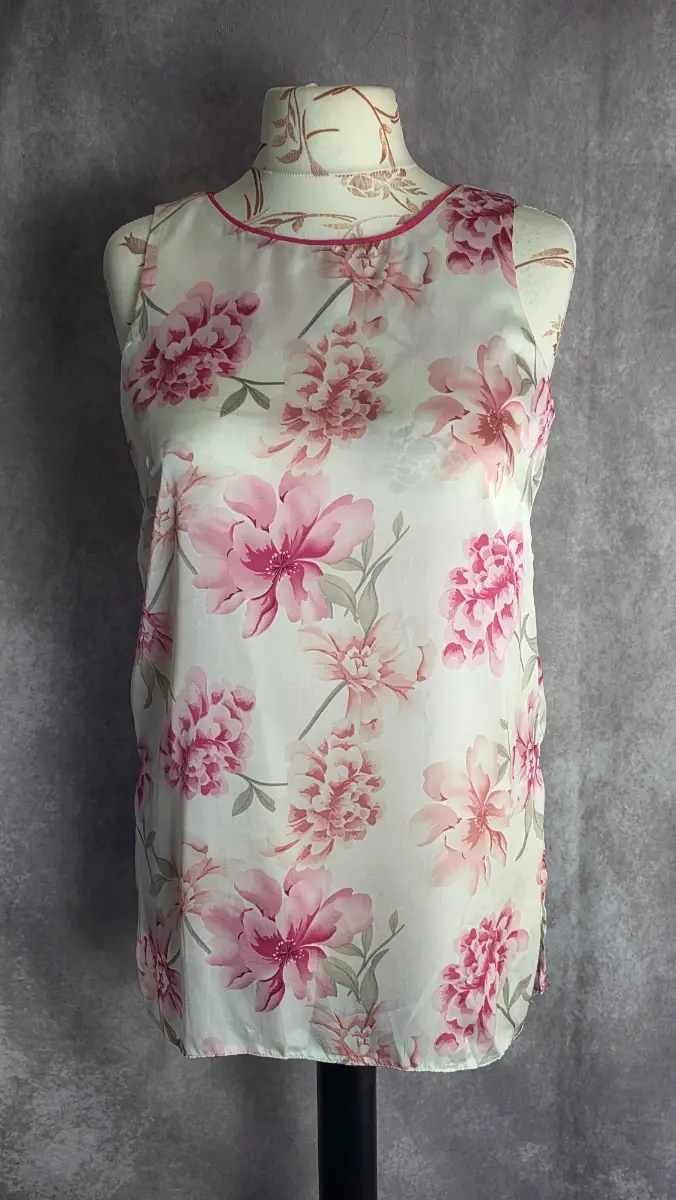 Cream Floral Sleeveless Blouse UK 14 Romantic Cottagecore Casual Summer Polyester Paraphrase