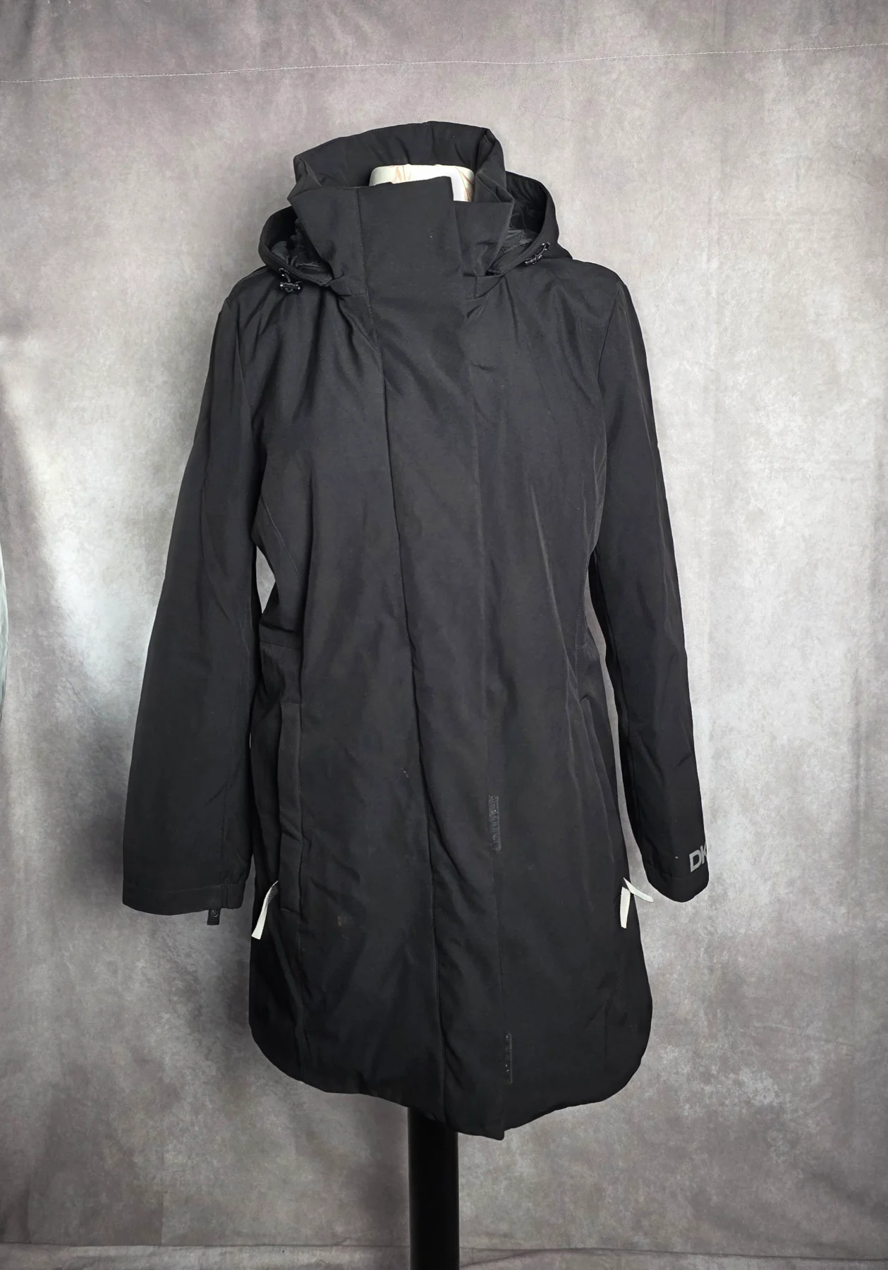 DKNY Black Longline Hooded Padded Parka Coat Large – Quilted Lining