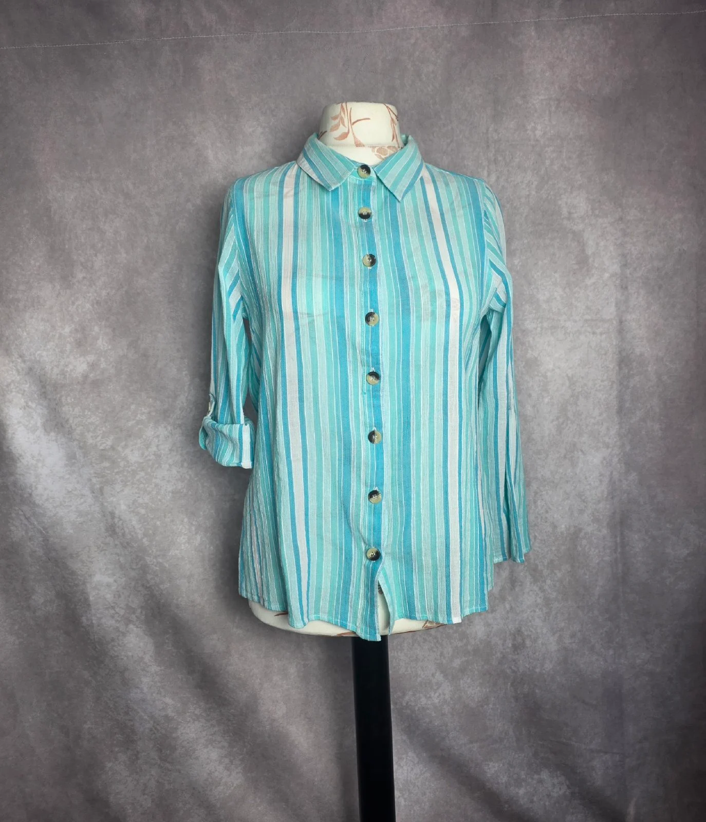 Cotton Traders Aqua Blue Striped 100% Cotton Shirt UK 16 Roll Tab Sleeves