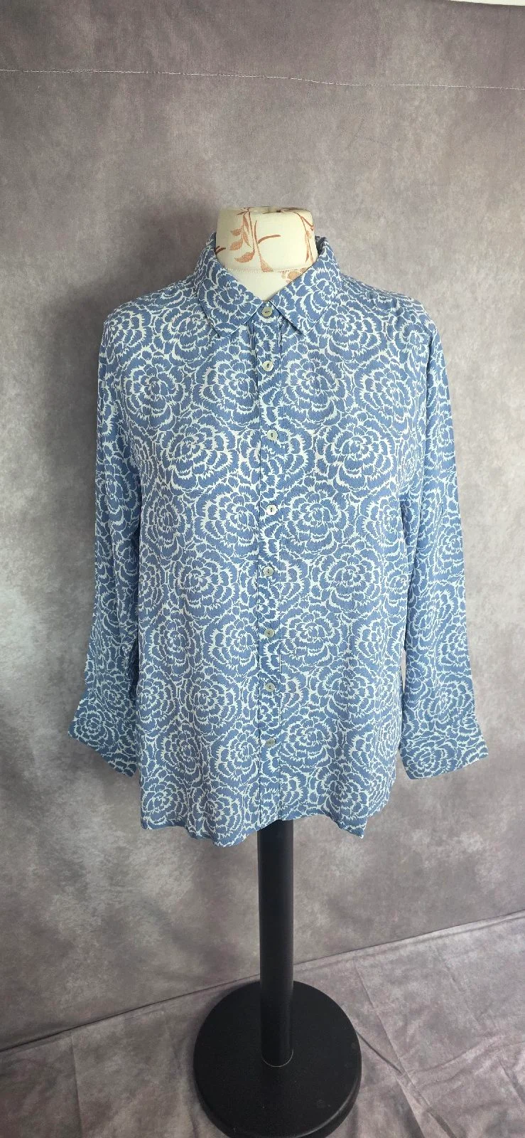 Cotton Traders Blue Floral Viscose Blouse UK 18 Long Sleeve Button Front NWT