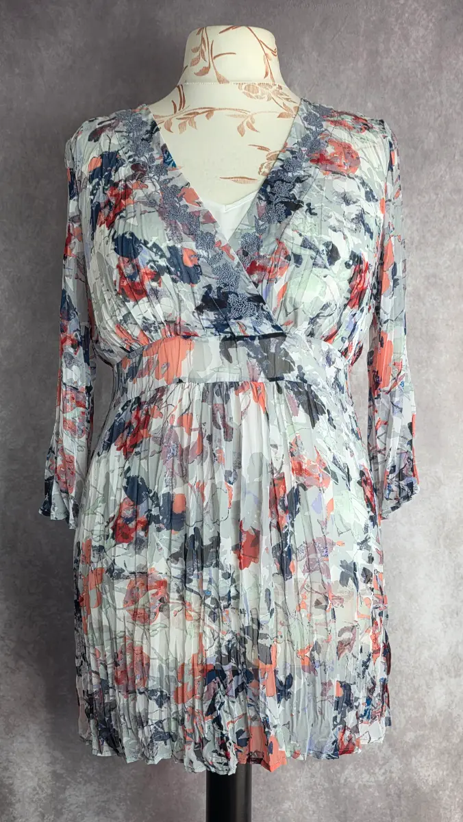 Grey Floral Tunic Dress UK 14 Boho Wrap Pleated Chiffon Occasion Summer Per Una M&S
