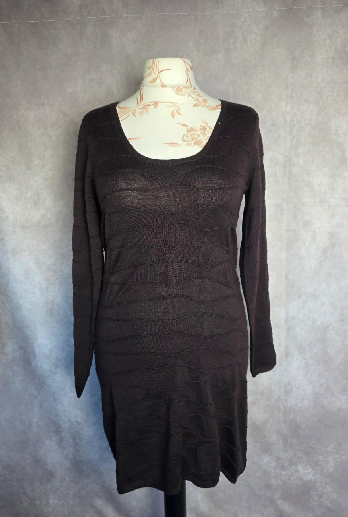 Phase Eight Oak Brown Wool Blend Ripple Stitch Dress UK 12 BNWT
