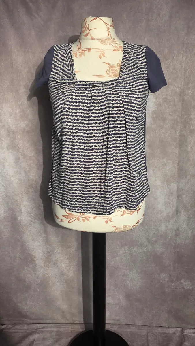 Navy Cream Chevron Top UK 10 Casual Boho Square Neck Cotton Viscose Summer White Stuff