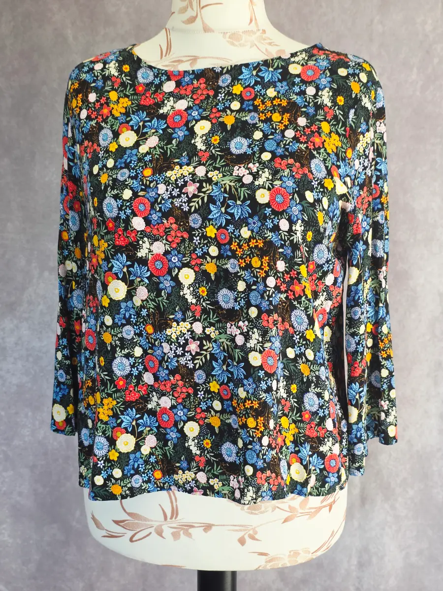 Black Floral Blouse UK 14 Boho Woodland Cottagecore Casual 100% Viscose Autumn Hush