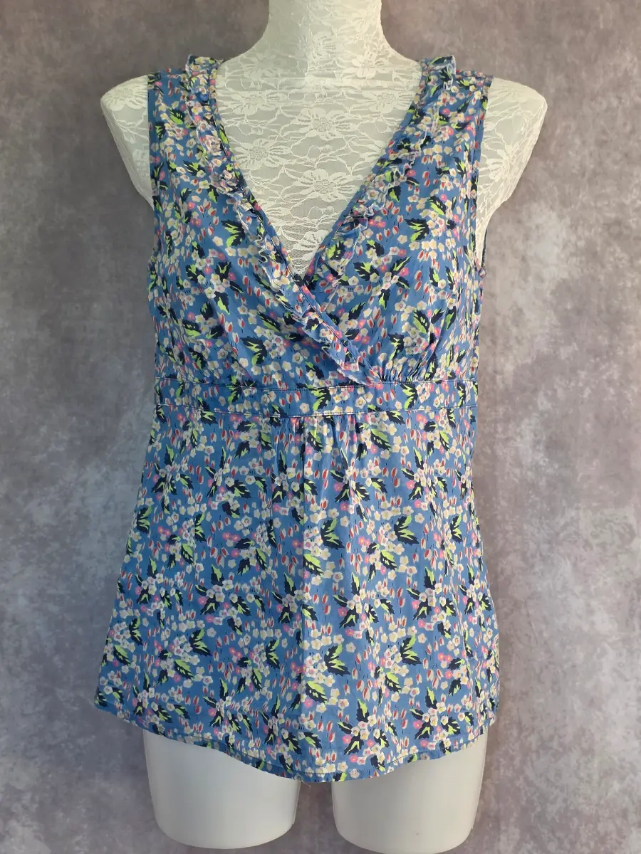 Blue Floral Top UK 10 Sleeveless Wrap Boho Summer Cotton Casual Boden