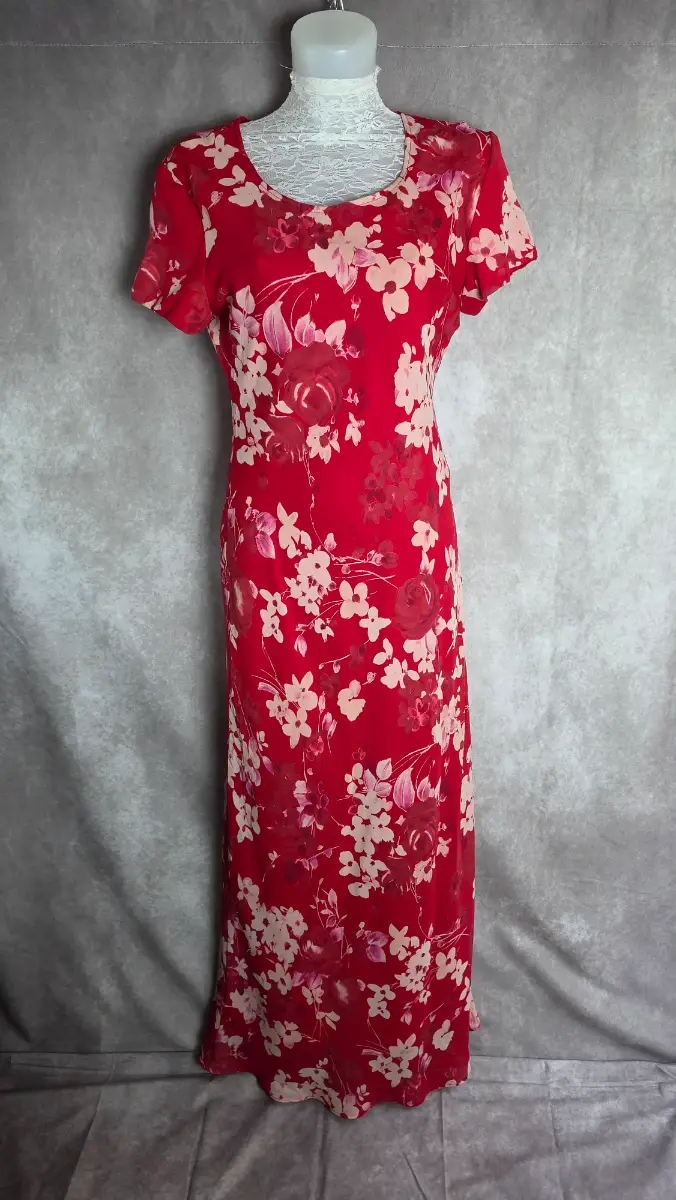 Red Floral Maxi Dress UK 8/10 Vintage Cottagecore Wedding Summer 100% Polyester Jody California